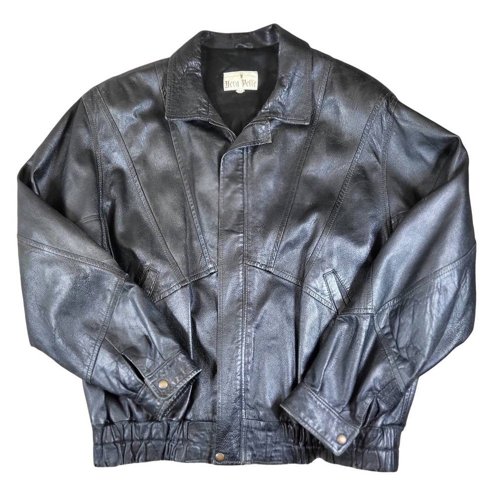 Vintage Vera Pelle‎ Leather Bomber Jacket Menswear Size 52 Black Biker Read*